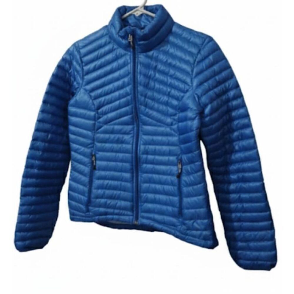 womens small down packable light jacket cobalt blue Eastern mountain sports